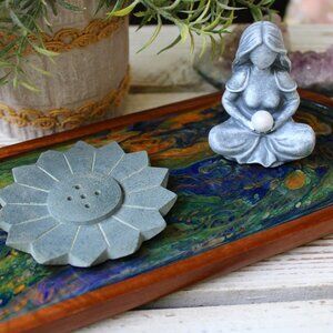 Incense Holder Tray Goddess with Amethyst, Clear Quartz and Blue Geode Crystals